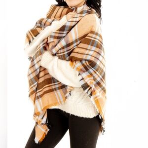 NWT Just Cozy Plaid Blanket Scarf in Orange and Gray